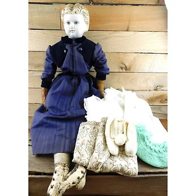 Antique Greiners Doll With Clothing #7 Paper Mache Head 1858 28 Inch Leather TLC • $245