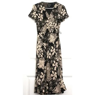 Spenser Jeremy Vintage Silk Wrap Dress Floral Flutter Sleeves Black Women's Sz 6 • $50.40