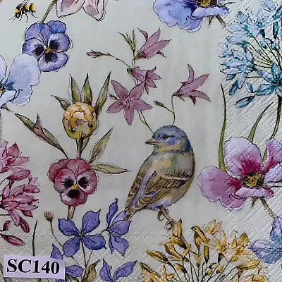 5 X Paper Cocktail Napkins/Decoupage/Craft/Dining/ Bird Flowers Green SC140 • £1.40