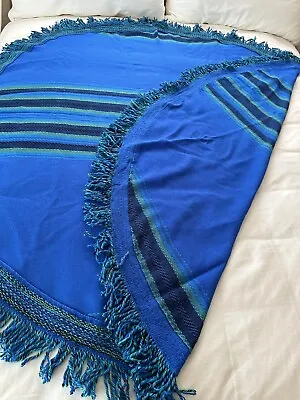 Vintage Round Tablecloth Blue Woven Boho Stripes Fringed Southwest Mexican 68” • $39.80