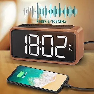 Radio Alarm Clock Solid Wooden Digital Clock FM Radio LED Display Adjustable • £18