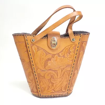 Vintage Hand Tooled Leather Handbag Purse Bag Western Flowers Embossed Signed P9 • $42