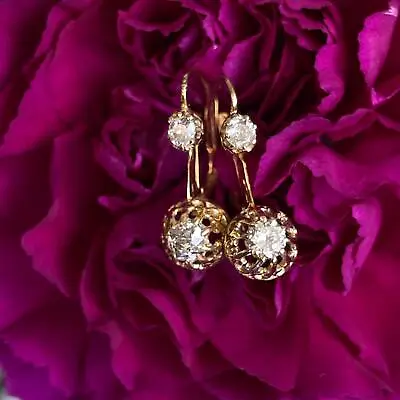 Old Mine Cut Diamond 18K Yellow Gold Antique Victorian Leverback Earrings • $1295