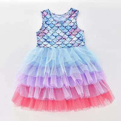 Kids Girls Mermaid Rainbow Tutu Dress Costume Fancy Mash Dress Birthday Party • £8.99