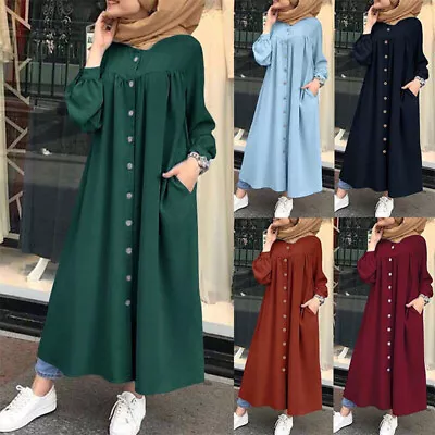 Muslim Abaya Kaftan Shirt Crew Neck Loose Maxi Tunic Women Dress Long Sleeve • £13.39