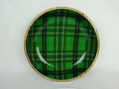 Thirstystone Mango Wood & Enamel Salad Bowl ~ Green Plaid ~ EUC • $24.95