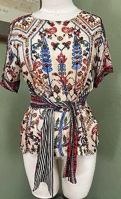 Anthropologie Vineet Bahl Floral Front Tie Embroidered Boho Size XS Blouse Top • $24.99