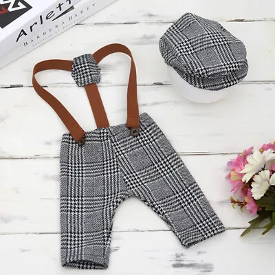 Newborn Baby Photography Props Tweed Suspender Braced Trousers+ Flat Cap Set • £16.31