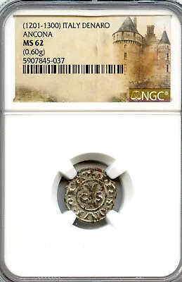 $145 • Buy Italy 1201-1300 AD, Silver Denaro, Crusader Cross, Ancona Medieval, NGC MS-62 !