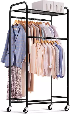 Double Rod Long Clothing Racks For Hanging Clothes Heavy Duty Rolling Garment R • $83.89