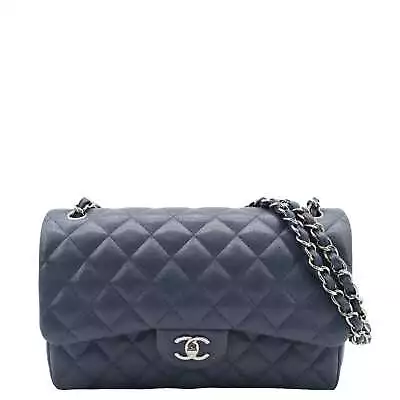 CHANEL Classic Jumbo Double Flap Quilted Caviar Leather Shoulder Bag Blue • $6495