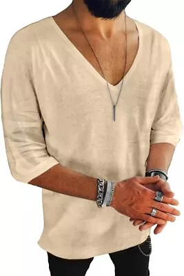 Mens Linen Shirts V-Neck Short Sleeved Shirts Cotton Summer Hawaiian Shirts Tops • £9.99