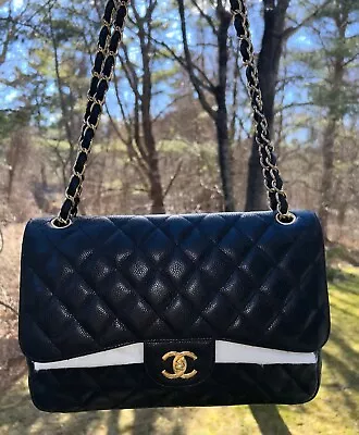 CHANEL Classic Jumbo Double Flap Quilted Caviar Leather Handbag Black/Gold • $5395