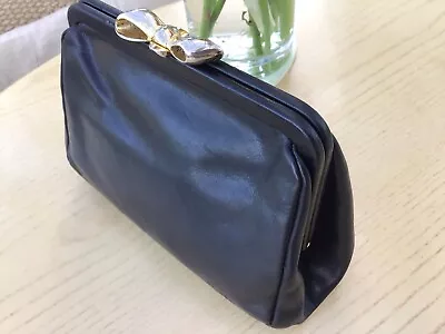 FURLA Of Italy Vintage Black Leather Metal Frame Top Bow Clasp Clutch Bag • £19.95