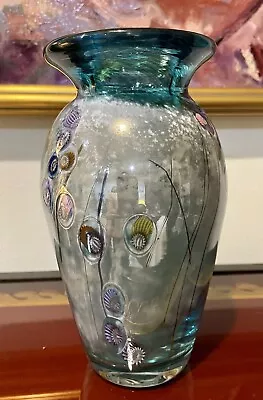 Paul Allen Counts Vintage Hand Blown Art Glass Vase Turquoise Millefiore SIGNED • $248.88