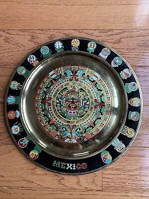 Vintage Mexico Aztec Mayan Calander Hanging Plate Brass Embossed Folk Art • $12