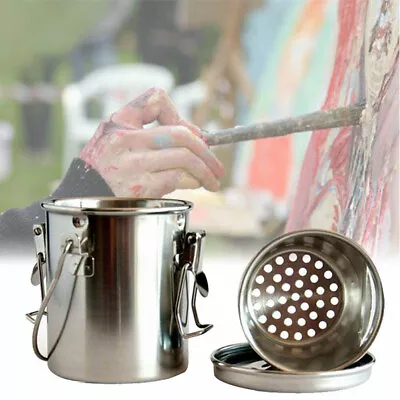 Portable Stainless Steel Paint Pot Artist Brush Washer Cleaner Bucket W/ Handle • £11.99