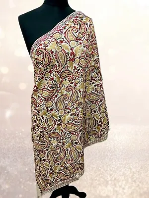 Luxurious Kashmiri Embroidery Shawl Scarf Wrap Hijab Fine Wool Ivory/ White • £20
