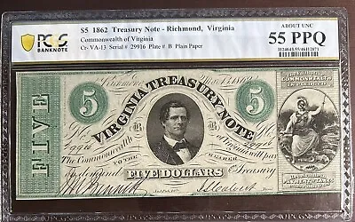 1862 $5 Virginia Treasury Note Richmond Va Oboslete Banknote Pcgs Au55 Ppq • $130