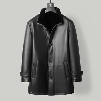 Fur Men's Genuine Leather Mid-length Goatskin Lapel Thickened Coat Lamb Fur Coat • $328.76