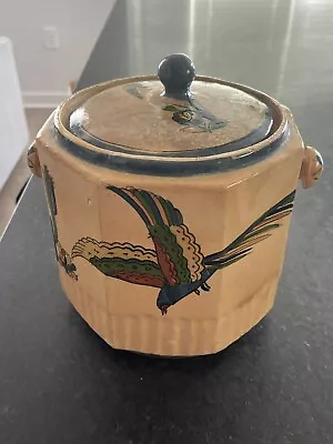 Vintage Southwest Western Pottery Biscuit Jar - Desert Cactus Scene- Handles Lid • $36