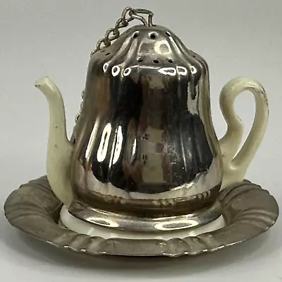 Vintage Small White Plastic & Silver Colour Metal Teapot Shaped Tea Infuser • £5
