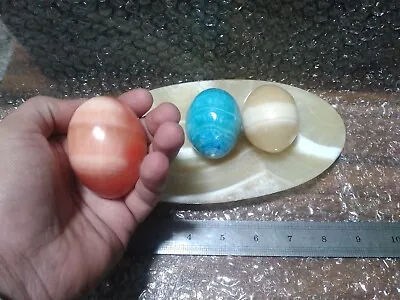 3 Vintage Alabaster Colored Marble Granite Stone Eggs And Large Plate • $123.19