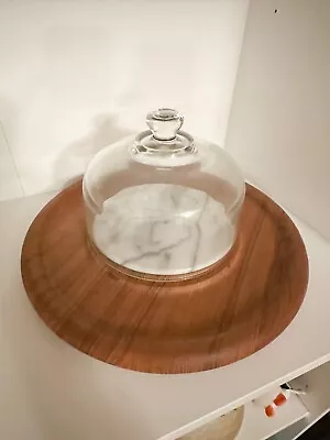 Vintage Goodwood TEAK WOOD MARBLE Cheese Platter Glass Dome Mid Century • $54.98