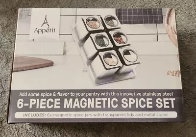 NEW Appetit Six 6 Piece Magnetic Spice Jars Transparent Lids Stainless Steel SS • $25.25