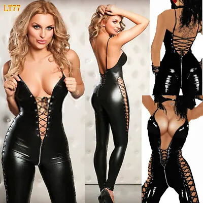 Plus Size Women's Zipper Cross Crotch Jumpsuits PU Leather Lace Up Club Catsuits • £21.59