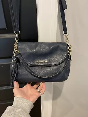 MICHAEL KORS Weston Navy Blue Pebbled Leather Foldover Zip Crossbody Bag TASSEL • $59