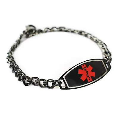 MyIDDr - Engraved ID Bracelet Multiple Sclerosis Steel Black ID & Curb Chain • $34.99