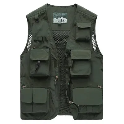 Mens Cargo Multi Pocket Vest Utility Waistcoat Fishing Hiking Outdoor Gilet Coat • £22.19