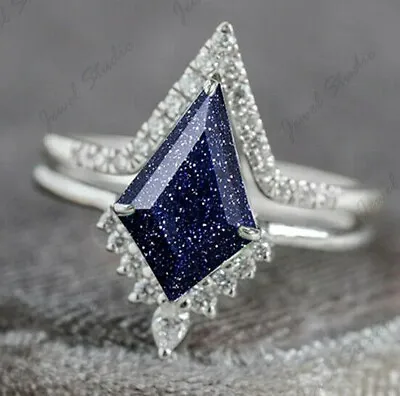 Blue Sandstone Engagement Ring Fancy Kite Ring Bridal Ring Set Wedding Ring Gift • $42.39