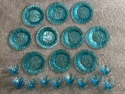 Morgantown Seneca Crinkle Peacock Blue Glasses/Bowls + Plates - SET OF 10 EACH • $150