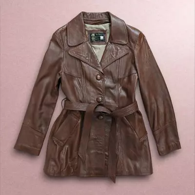 Vintage 1970s Retro Genuine Leather Belted Trench Coat - Fits Size XS-S • $75