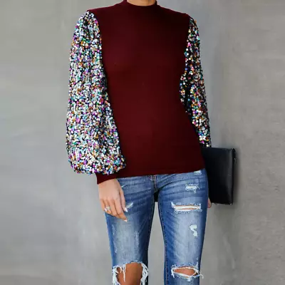 Womens Tops Pullover Blouses Ladies Glitter Sequin Long Puff Sleeve Party Jumper • $24.83