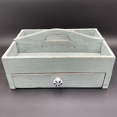 Primitive Handmade Tool Caddy Original Light Blue Milk Paint Drawer Ceramic Knob • $74.99