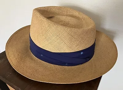 Vintage 40's Panama Hat Pedigree Fifth Avenue Straw Blue Ribbon Hand Woven • $65.50