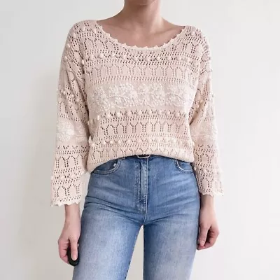 Vintage Crochet Open Knit Sweater Size S Beige Neutral Cream Embroidered Boho • $44.95