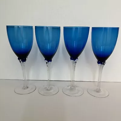 4 Murano Art Glass Hand Blown Clear Ribbed Stem Tall Fine Wine Glasses Dark Blue • $45