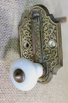 Old ALL Brass Mechanical Doorbell Pull Porcelain Knob Handle Lever Type Vintage • $168.91