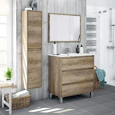 Oak Effect Tall 2 Door Wall Mounted Floating Bathroom Storage Cupboard • £115