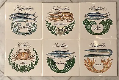 6 Vtg Villeroy & Boch 6x6” Tiles Fish Seafood In French Shrimp Anchovy Crab • $68