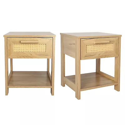 Set Of 2 Rattan Nightstand Bedside Table End Side Table W/ Drawer  Shelf Natural • $109.99