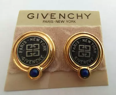 Vintage Signed GIVENCHY Paris NY Button Statement Gold Tone Earrings Stud Blue • $150