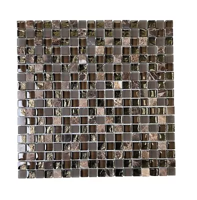 Tenedos Dark Emperador Marble With Brown Glass Frosted 5/8 Square Mosaic Wall... • $304.40