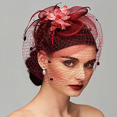 Womens Ladies Fascinator Hat With Veil Wedding Hat Party Hat Pillbox Hat Bowler • £8.99