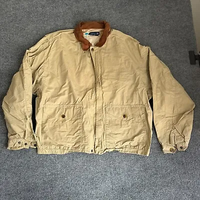 Vintage Nautica Jacket Chore Coat Leather Collar Brown Sz L 1990s Work Wear • $28.65