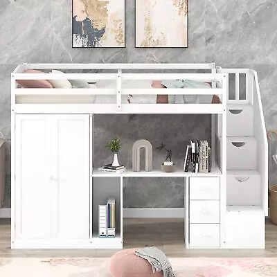 Solid Wood Loft Bed W/Desk Wardrobe Storage Cabinets Drawers Twin Size Bed Frame • $798.59